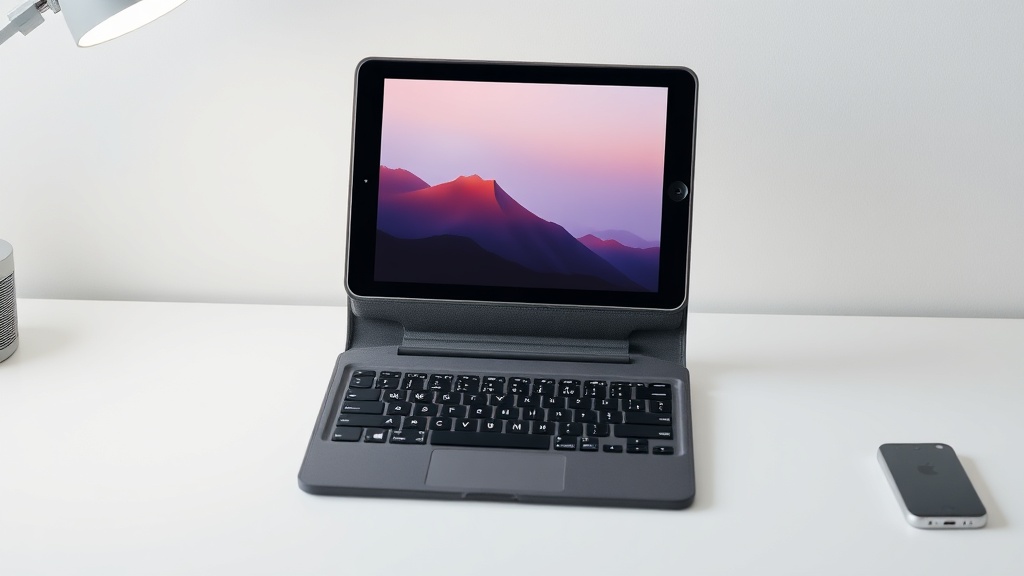 책상 위에 키보드 케이스와 함께 거치된 12인치 이상의 대화면 태블릿이 노트북과 유사한 작업 환경을 구성하고 있는 모습