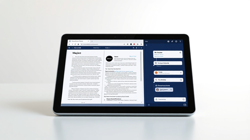 태블릿 화면을 3분할하여 문서 작업, 웹 서핑, 메신저를 동시에 띄워놓고 작업하는 효율적인 멀티태스킹 장면