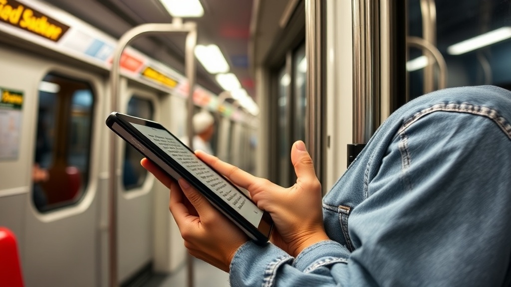 지하철 안에서 한 손으로 8인치 태블릿을 들고 전자책을 읽고 있는 사용자의 모습