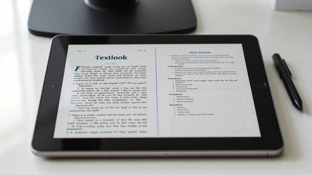 태블릿 화면을 반으로 나누어 한쪽에는 PDF 교재를 띄우고 다른 한쪽에는 필기 앱을 실행한 모습