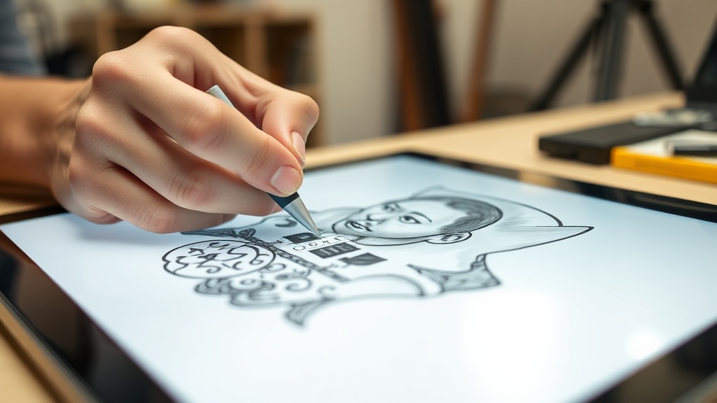 태블릿 위에 스타일러스 펜을 사용하여 정교한 드로잉 작업을 하고 있는 사용자의 손 모습